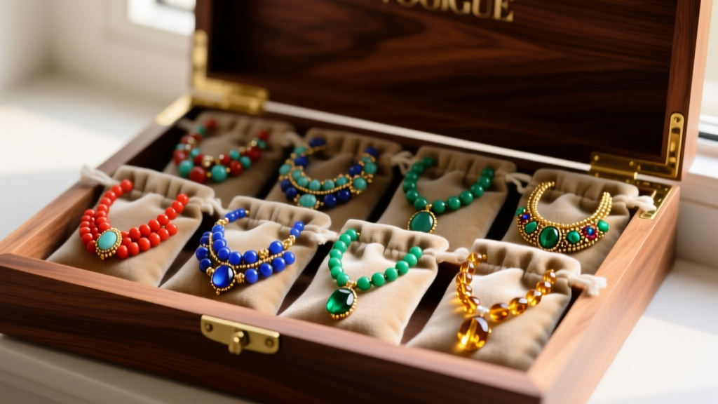 Individual handmade seed bead and gemstone necklaces stored in separate anti-tarnish velvet pouches inside a cedar jewelry box.