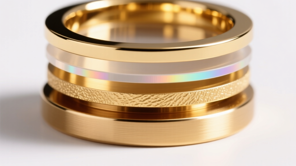 Illustrated cross-section showing layers of base brass metal, anti-tarnish barrier, and 2.5 micron 14k gold vermeil plating.