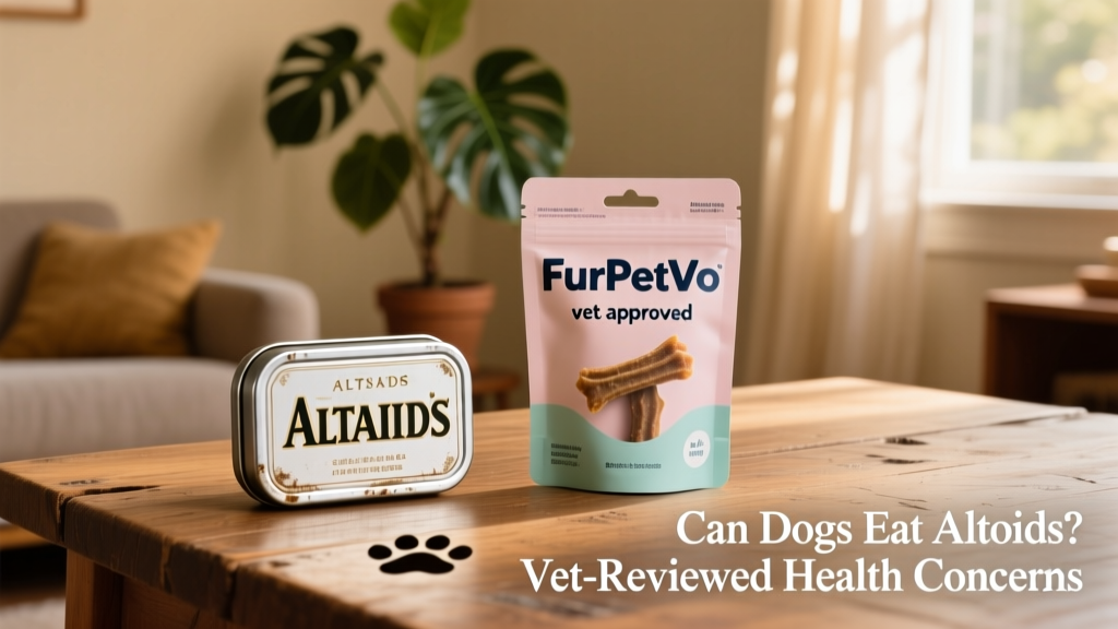 Side-by-side comparison: standard Altoids tin next to a FurPetVo dental chew package labeled 'vet-approved'