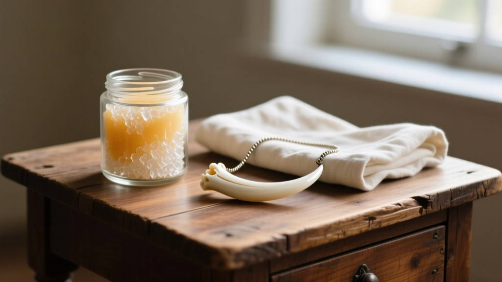 Glass jar of microcrystalline wax and a soft cloth next to a polished bone fang necklace resting on a rustic wooden vanity table.