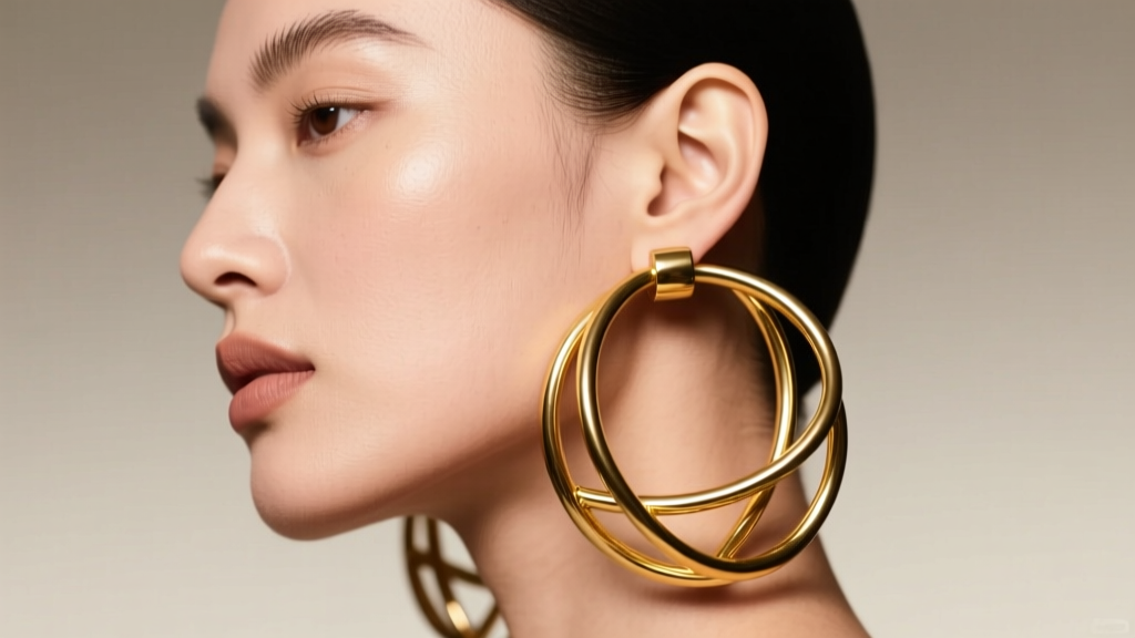 Profile shot of a model wearing lightweight hollow-tube 14k yellow gold sculptural hoops, highlighting lobe tension and drape