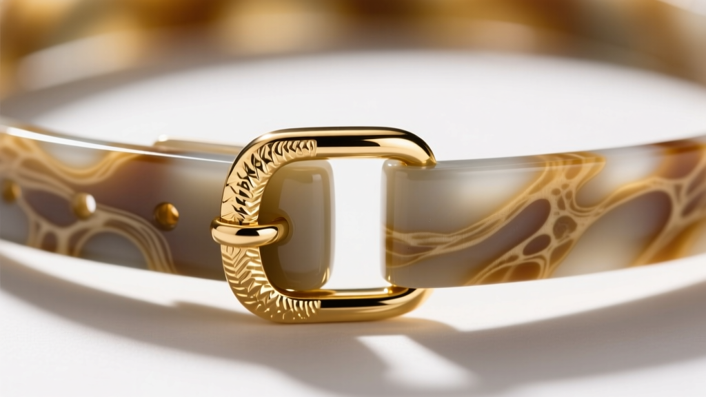 Macro shot of a 14k gold vermeil D-ring clasp on a textured bio-resin dog collar necklace, highlighting the polished metal grain