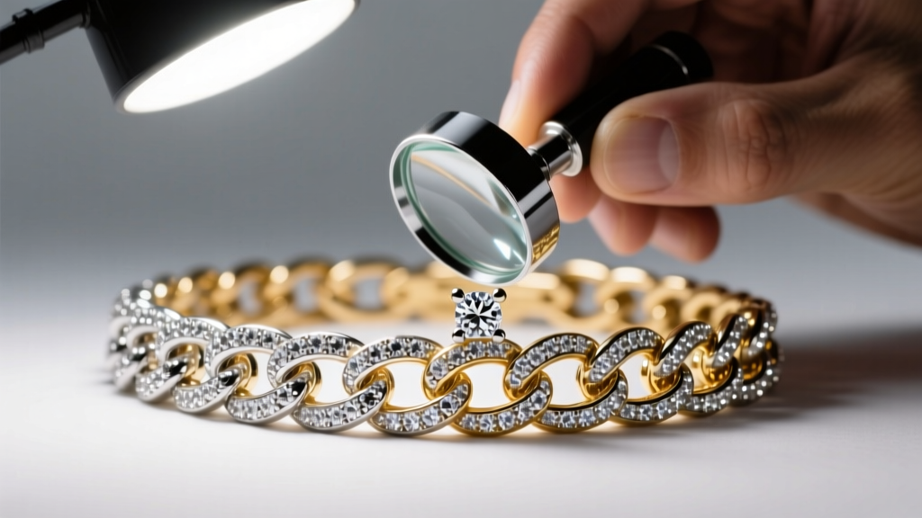 Macro shot of a jeweler inspecting prong settings on an iced out Cuban link chain using a loupe under an intense daylight lamp.
