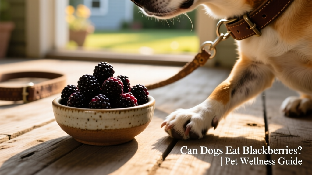 Fresh blackberries in a small ceramic bowl beside a dog’s paw