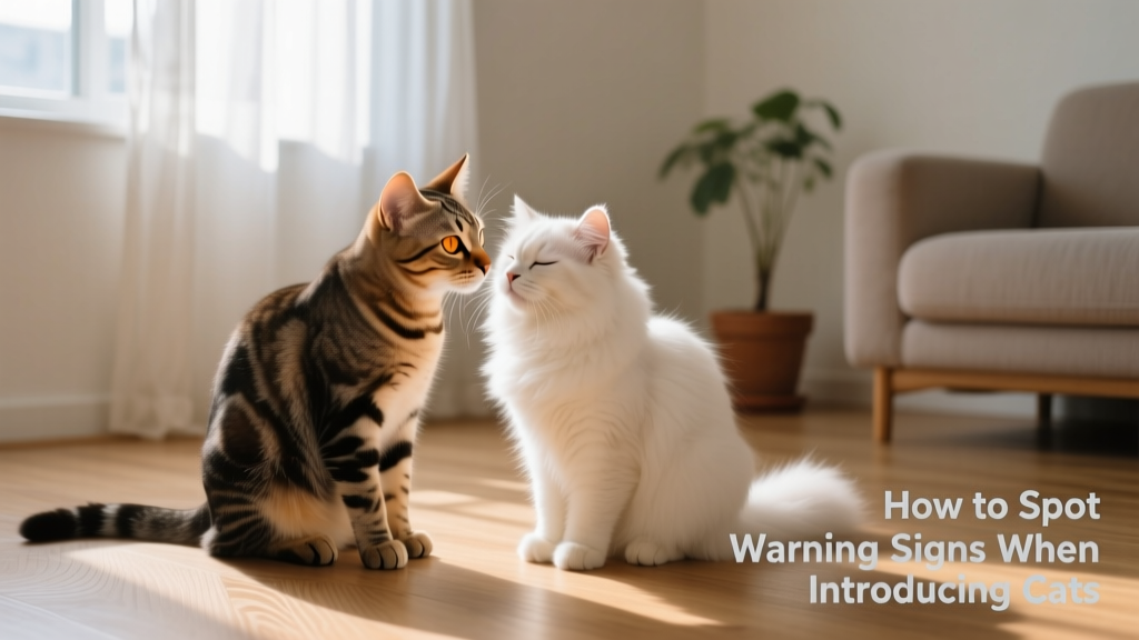 Two cats sitting calmly in the same room, one gently sniffing the other’s head