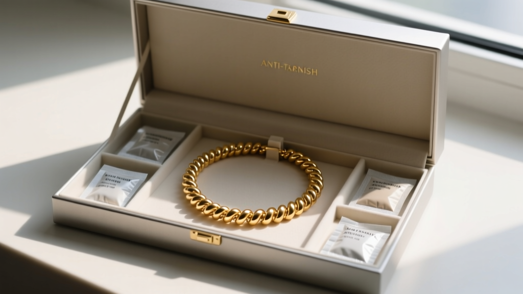 Open anti-tarnish jewelry box displaying a coiled golden beaded necklace alongside silica gel packets and treated storage strips.