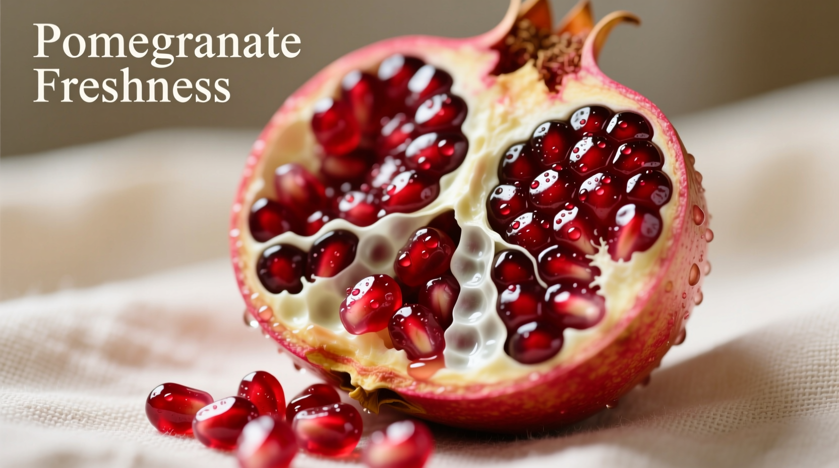 Fresh pomegranate seeds spilling from halved fruit