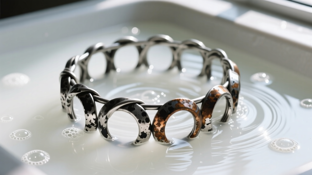 Close-up of ultrasonic basket with oxidized silver rings submerged in cloudy alkaline cleaning solution under bright light