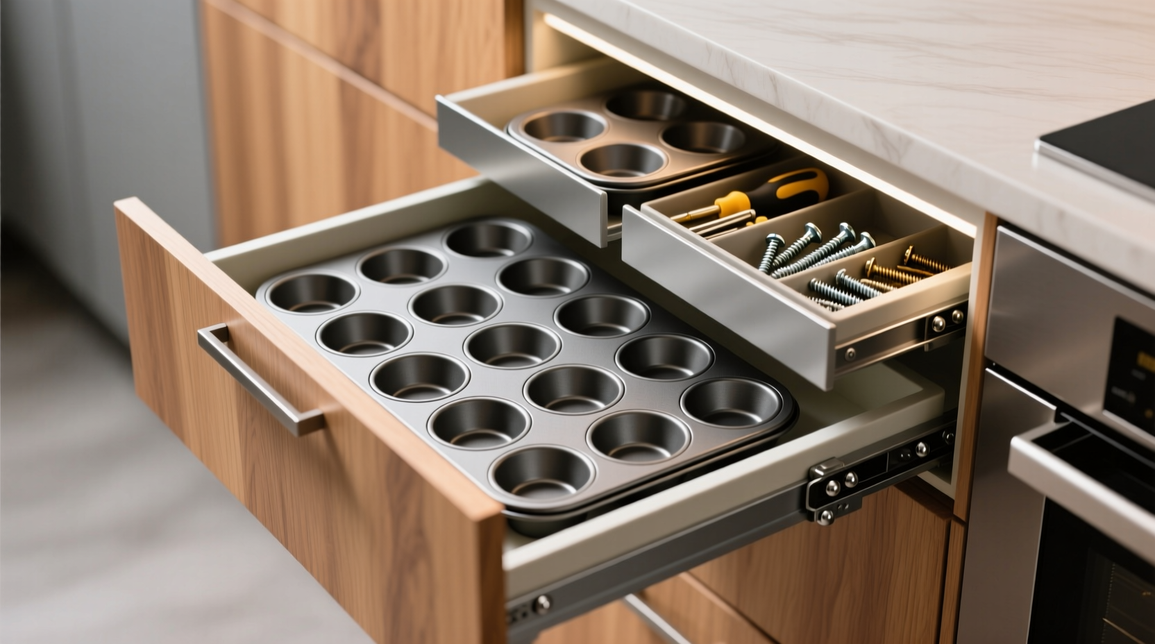 make handy pull out hardware bins with muffin tins