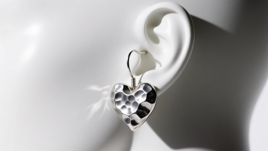 Side profile of a hand-forged sterling silver nugget heart earring on a mannequin lobe, demonstrating a thick 18-gauge wire post.