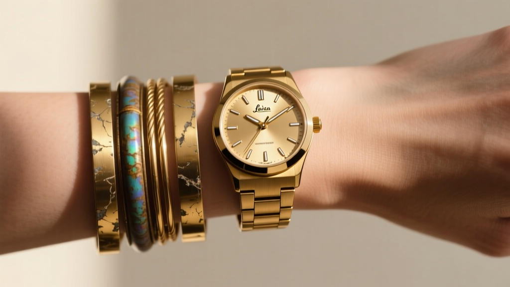Wrist wearing layered tarnished gold-plated bangles and a pristine PVD gold watch, contrasting vintage and modern metal finishes.