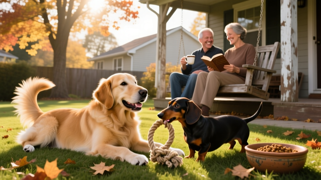 Two dogs playing gently side-by-side in a sunlit backyard while their owners sit nearby, relaxed and smiling