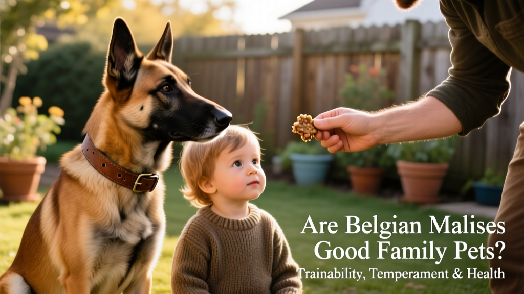 A Belgian Malinois calmly sitting beside a child while both gaze at a training treat in the handler's hand
