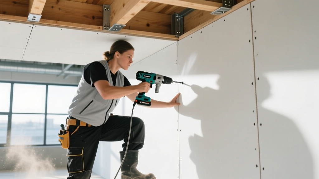 Professional contractor using a cordless auto-feed screw gun to fasten large gypsum board panels to a ceiling joist in a commercial build