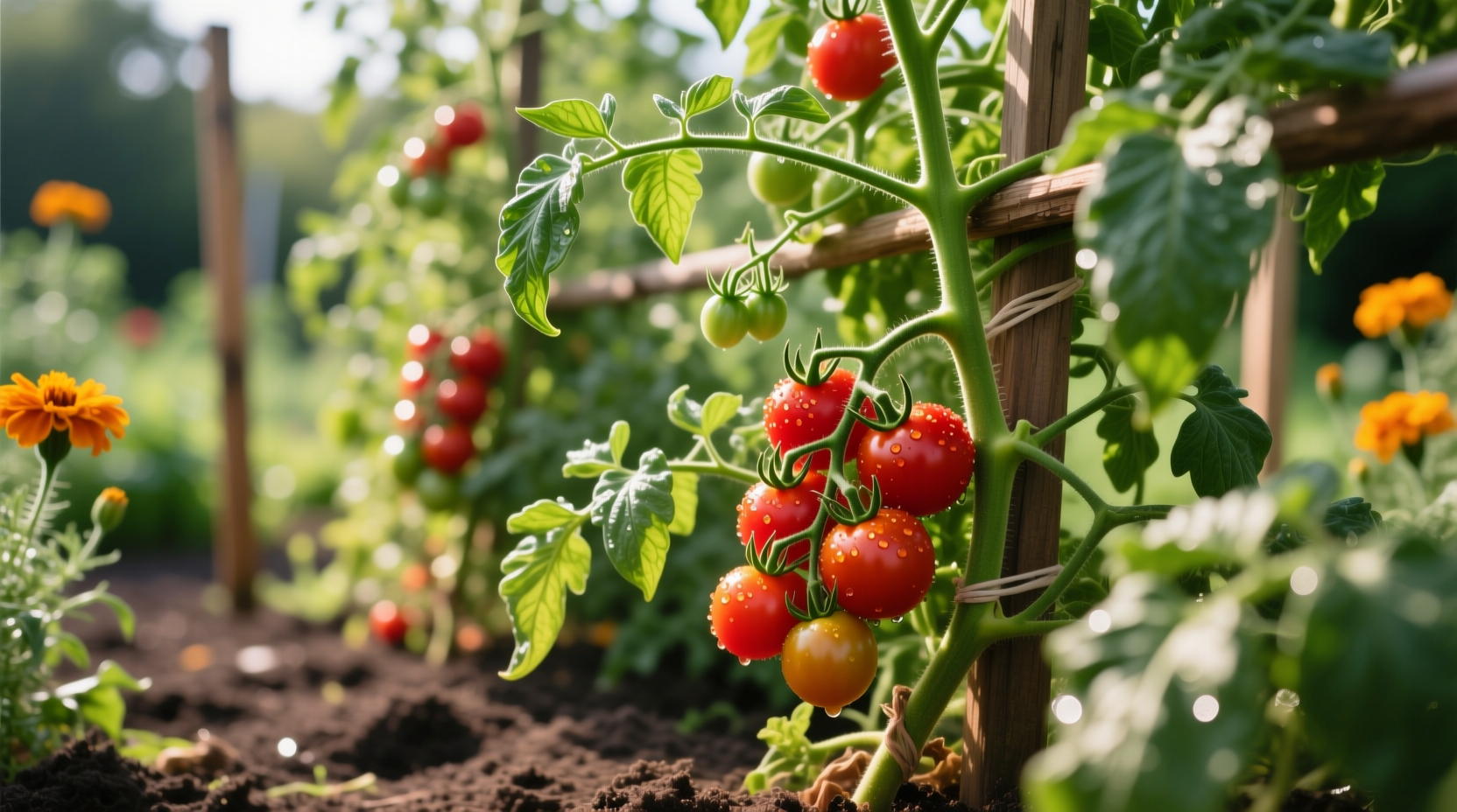 Tomato vine plants growing in a garden setting