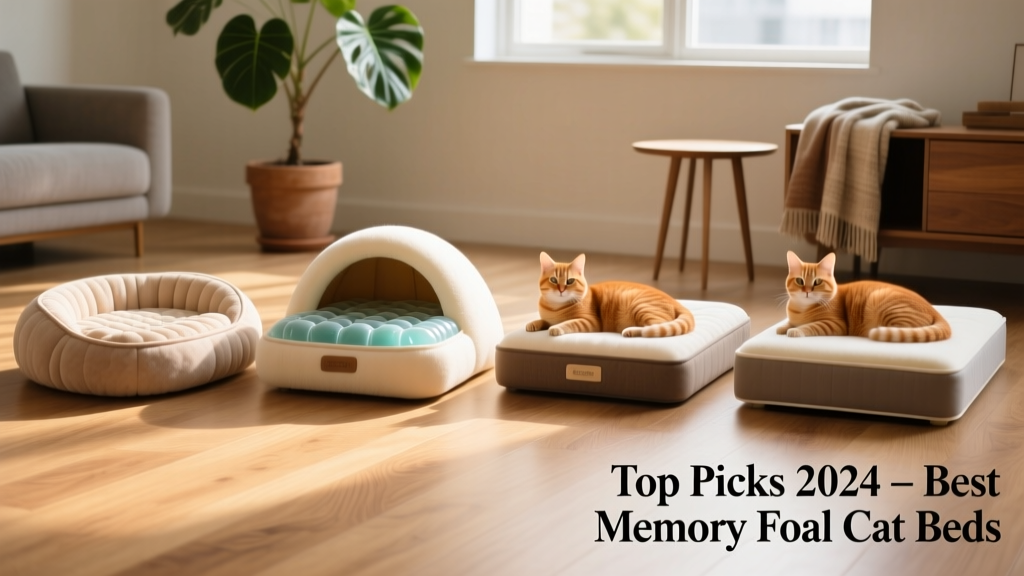 Side-by-side comparison of four popular memory foam cat beds on a light hardwood floor