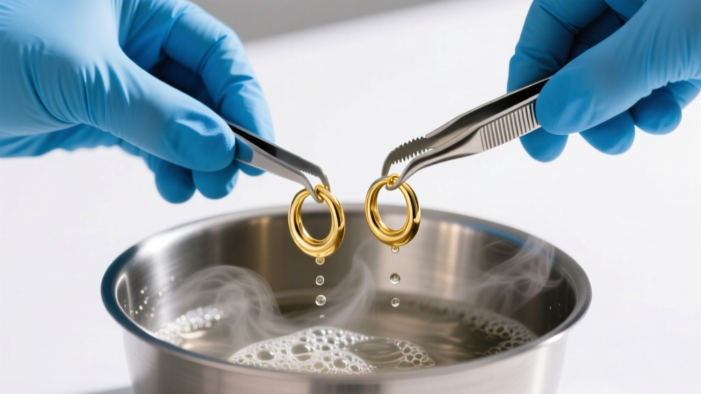 Blue nitrile gloves using ultrasonic tongs to lift 14k solid gold huggie hoops from a steaming stainless steel cleaning bath.