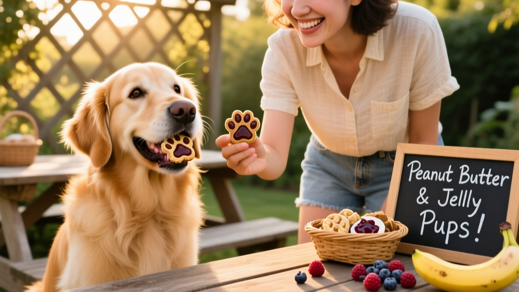 A happy dog gently holding a paw-shaped treat in its mouth, sitting beside a smiling person holding another treat