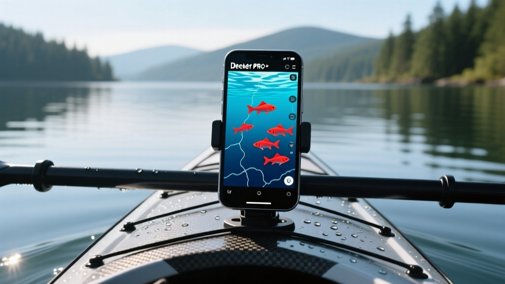 Close-up of a smartphone mounted on a kayak displaying a Deeper PRO+ 2 bathymetric map with red fish arches in deep water.