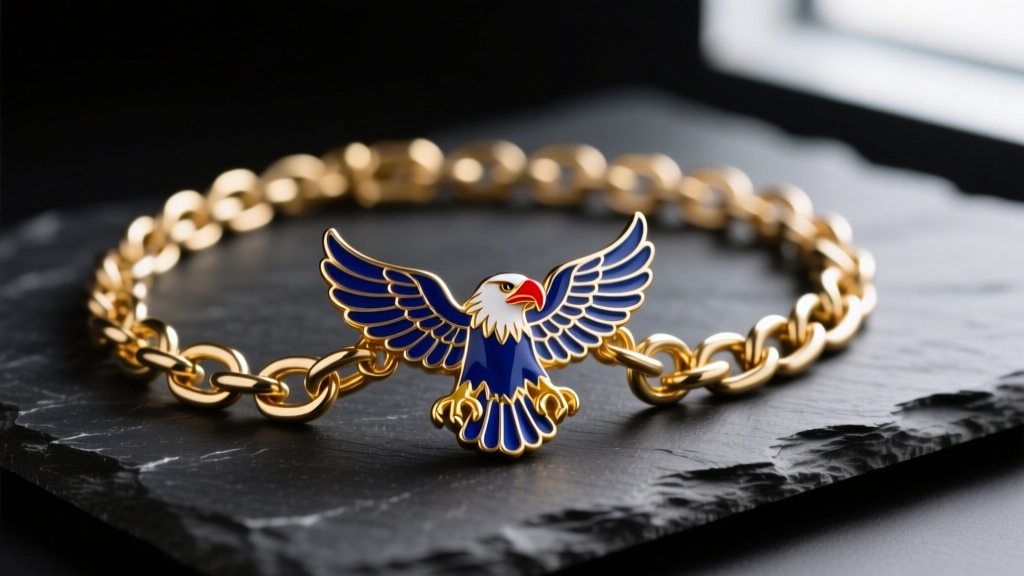 A macro photography shot of a chunky gold-plated brass chain necklace with a bold enamel eagle pendant resting on dark slate
