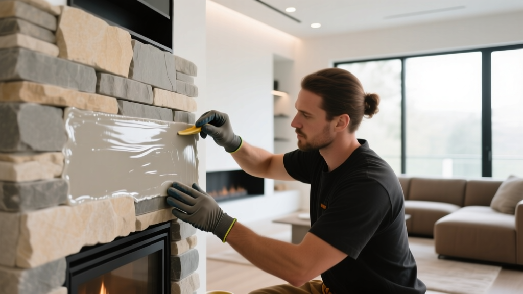 Close-up of a mason applying clear matte sealer to stacked limestone veneer fireplace stone in a modern living room
