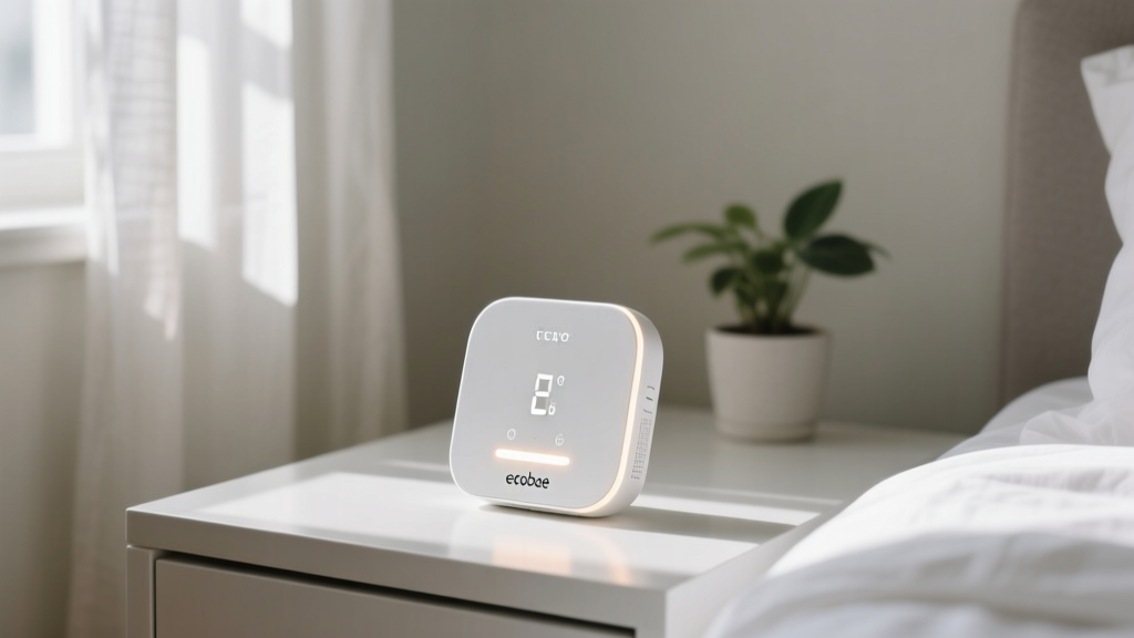 Close up of an ecobee Smart Sensor placed on a bedroom nightstand measuring ambient temperature and occupancy for HVAC optimization