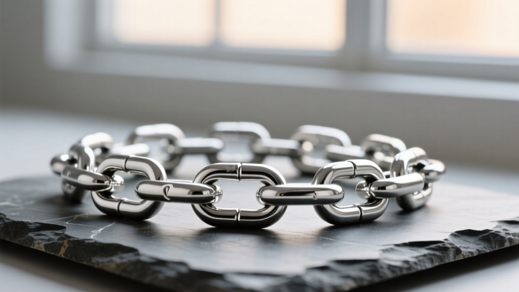 316L steel chain on slate, softly lit to highlight the pristine mirror finish and intricate interlocking metallic chain links.