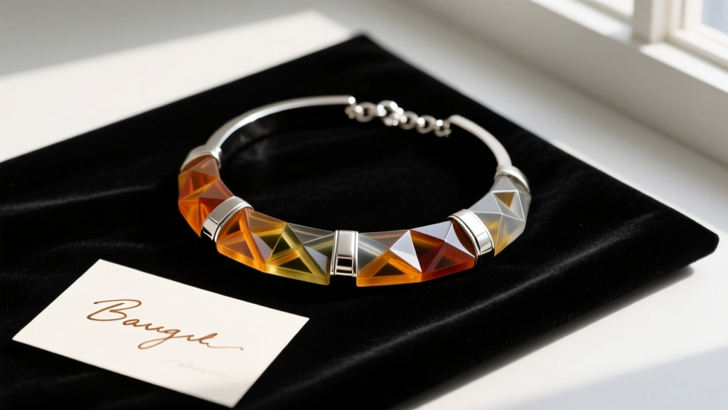 Flat lay gift box of a chunky resin and sterling silver collar necklace resting on dark velvet beside a handwritten note