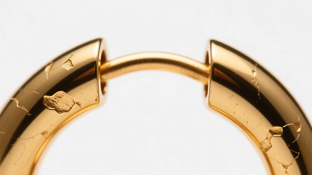 Macro close-up of a Robert Rose gold-plated brass huggie earring hinge, revealing microscopic wear on the flash-plated surface.