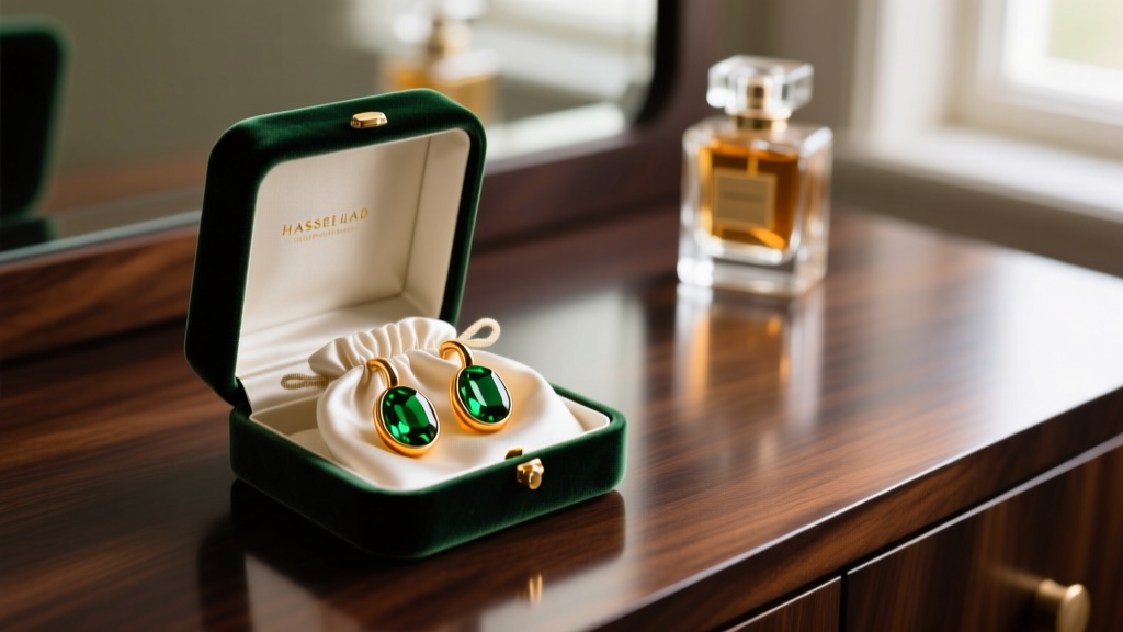 Velvet box showing green amber huggie hoops in a silk pouch, placed away from a glass perfume bottle on a dark wooden vanity.
