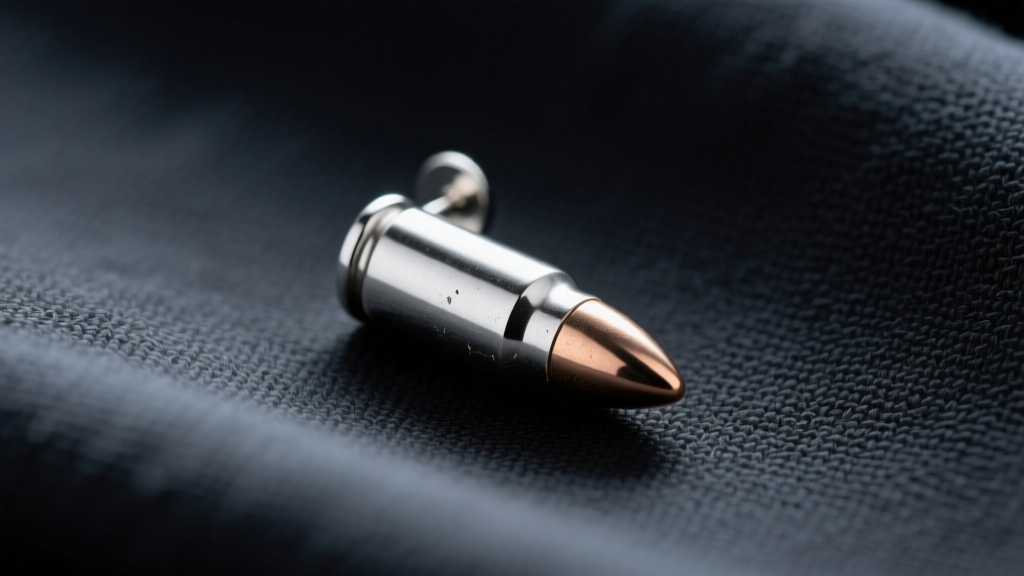 Macro shot of an 18-gauge sterling silver bullet earring resting on a dark microfiber cloth under soft, directional studio lighting