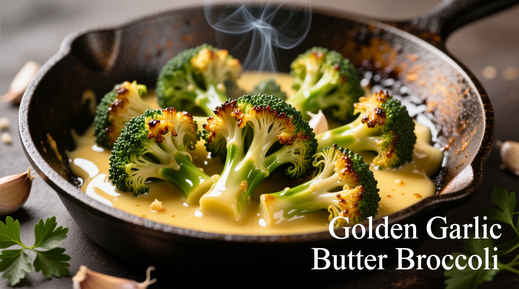 Golden garlic butter broccoli in cast iron skillet