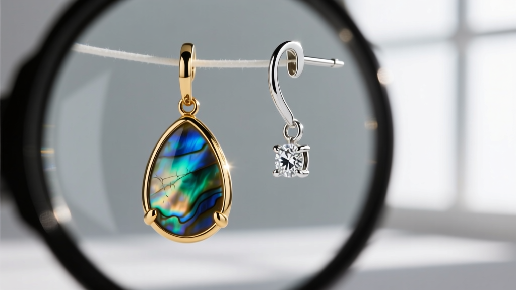 Loupe view of a bezel-set abalone drop earring beside a prong-set pair, showing metal edge protection from daily impact chipping.