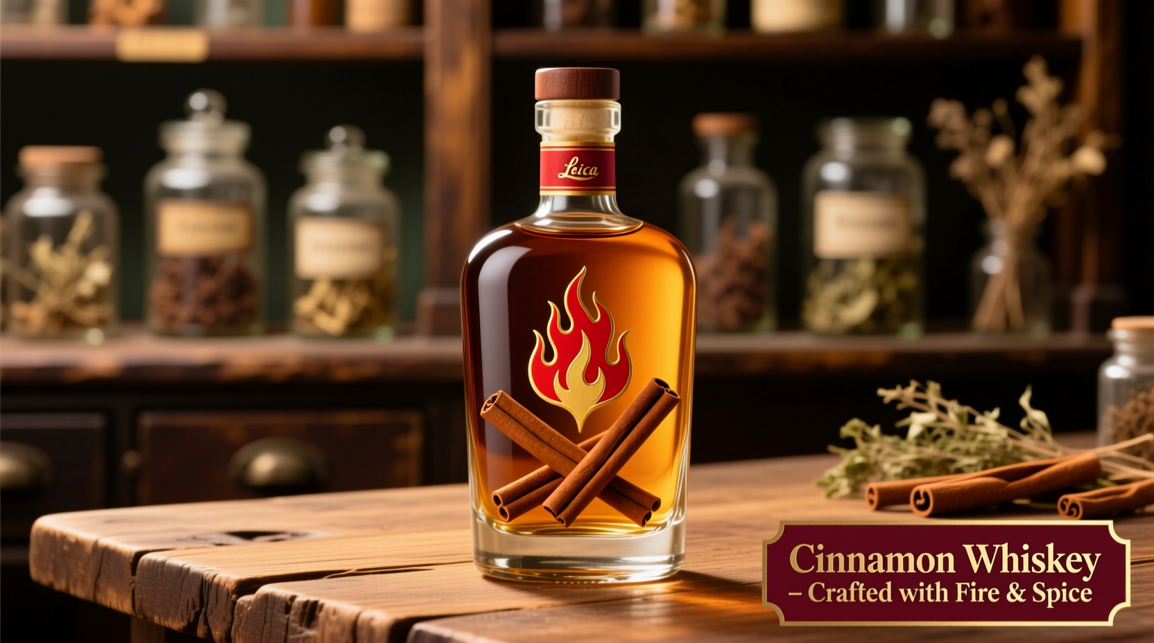 Fireball Cinnamon Whiskey Flasche mit Zimtstangen