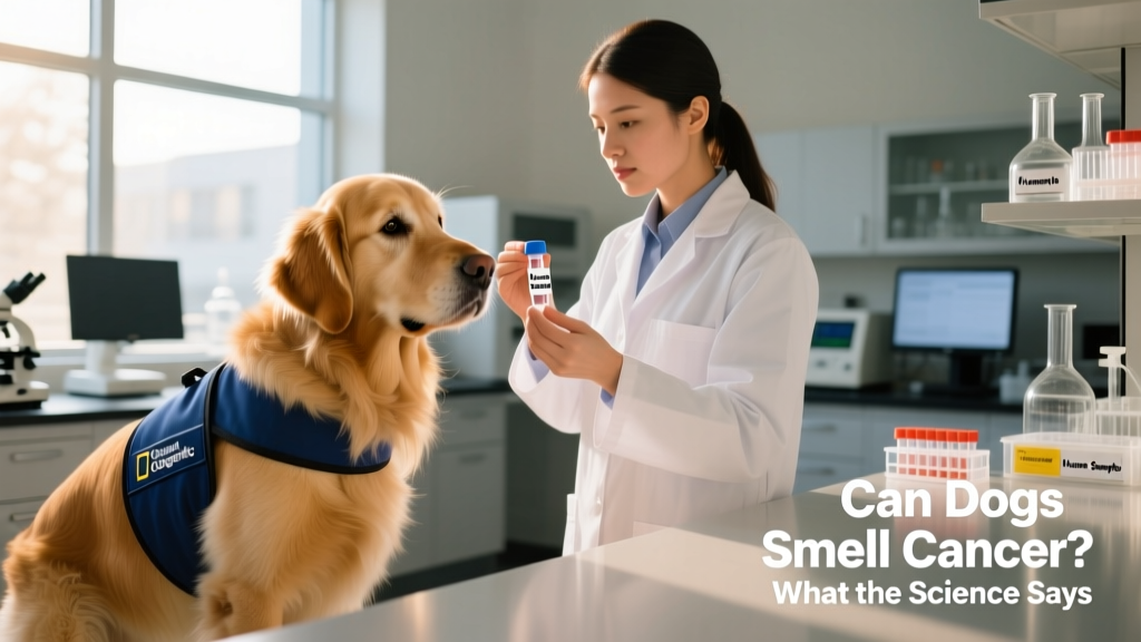 A golden retriever in a blue vest working alongside a lab technician during scent-detection training