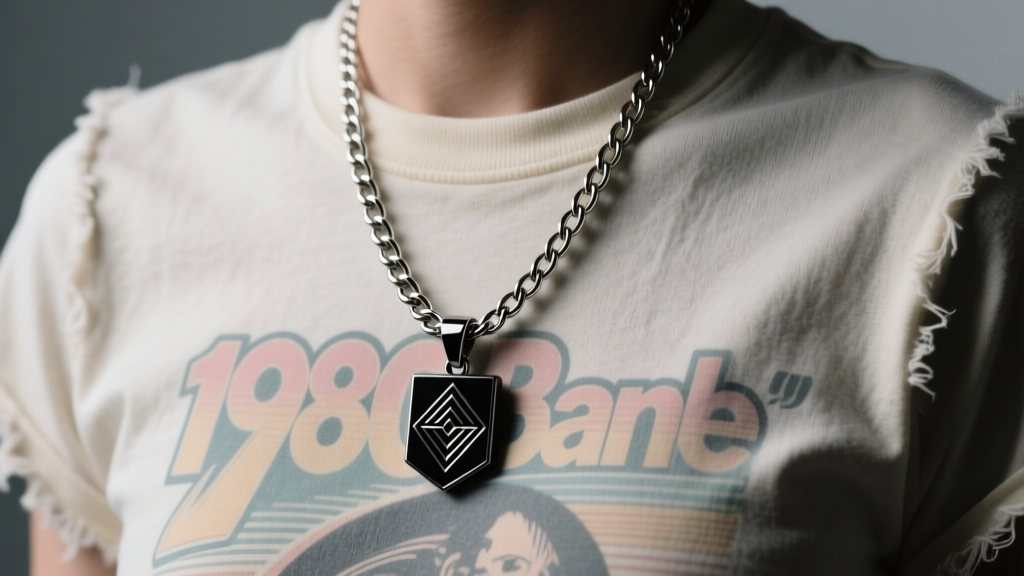 Stainless steel wheat chain with a PVD black titanium pendant on a faded vintage graphic tee under moody studio lighting.
