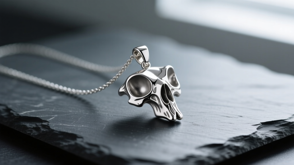 Detailed 925 sterling silver scapula necklace pendant resting on dark slate, highlighting the acromion process and glenoid cavity