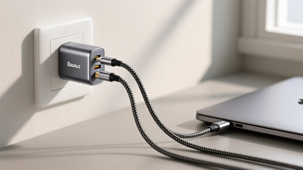 A compact Baseus 65W GaN charger plugged into a white wall outlet with three braided cables routing neatly to a laptop