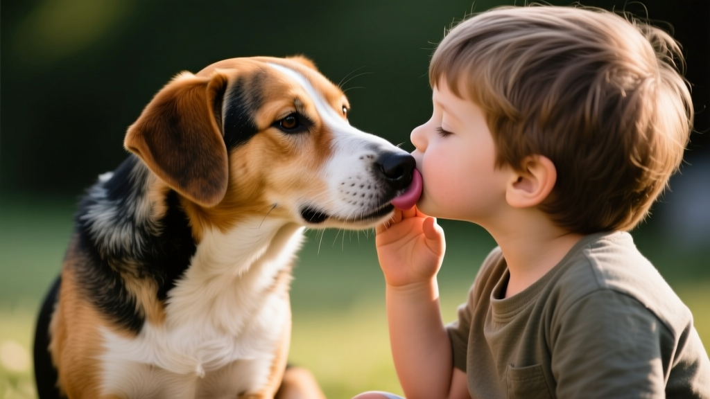 A mixed-breed dog nuzzling and licking a child’s hand while sitting calmly beside them