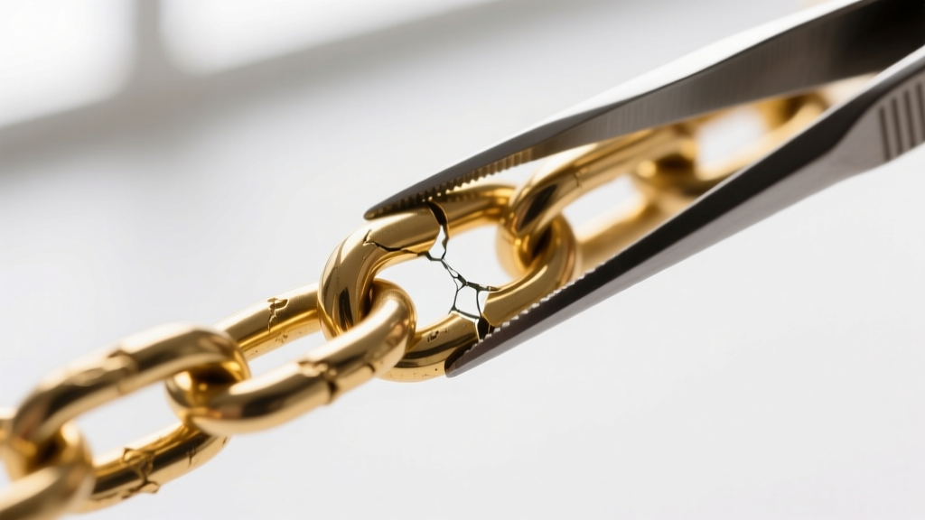 Close-up of a kinked 1mm hollow gold box chain held by tweezers, showing structural failure and metal damage under bright light.