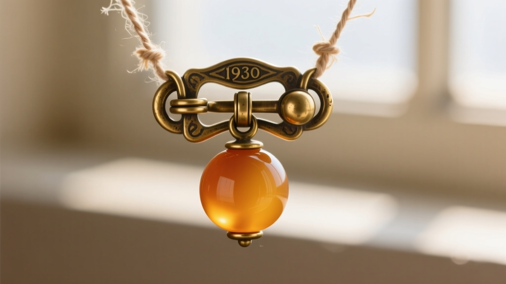 Close-up of a 1930s brass push-pull clasp on an amber Bakelite necklace, showing slight patina and early cotton stringing thread.