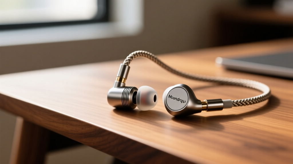 Close-up of Moondrop Chu II in-ear monitors with braided detachable cable and aluminum-magnesium alloy nozzles resting on a wooden study table