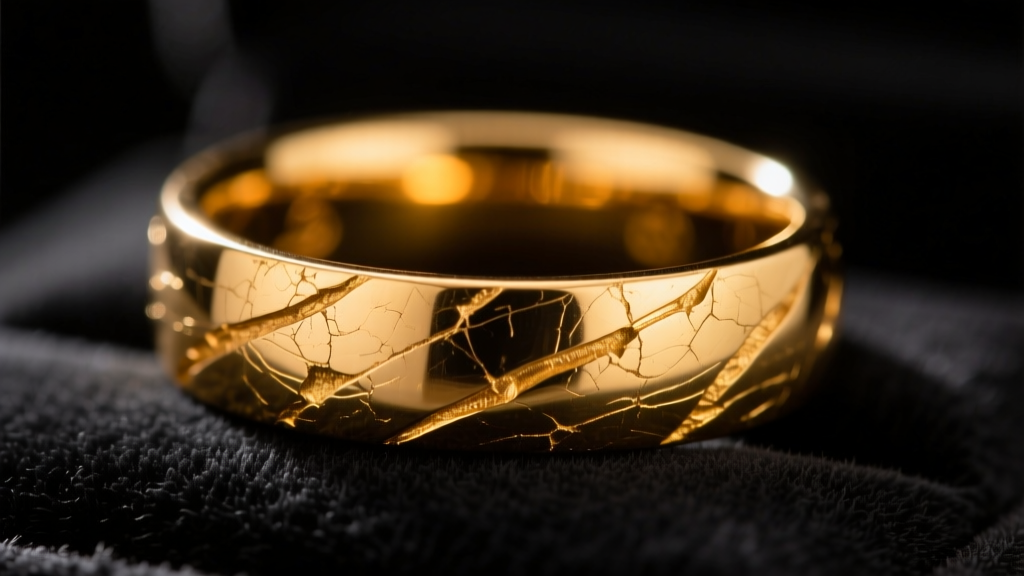 Macro shot of a scratched 24k pure gold band, showing deep surface patina and wear marks under harsh, directional studio lighting.