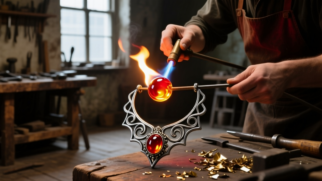 Torch firing a glass rod to create a focal bead for a heavy baron-style metalwork necklace setting in a dimly lit artisan studio