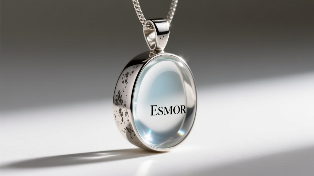 Side-profile lighting highlighting the seamless bezel where oxidized recycled silver meets cold-cured resin on an Esmor pendant.