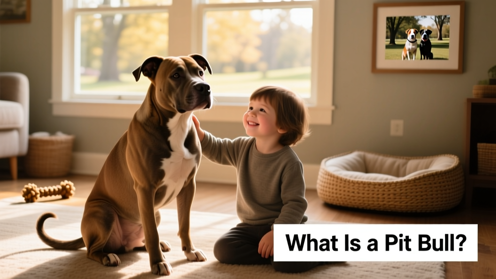 A calm, well-trained pit bull-type dog sitting beside a child during a therapy session