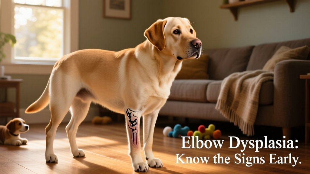 Photograph of a young Labrador Retriever standing with visible front-leg lameness and slight elbow rotation