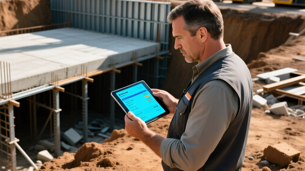 Site manager reviewing a suspicious digital invoice for insulated concrete forms on a rugged tablet at a foundation excavation