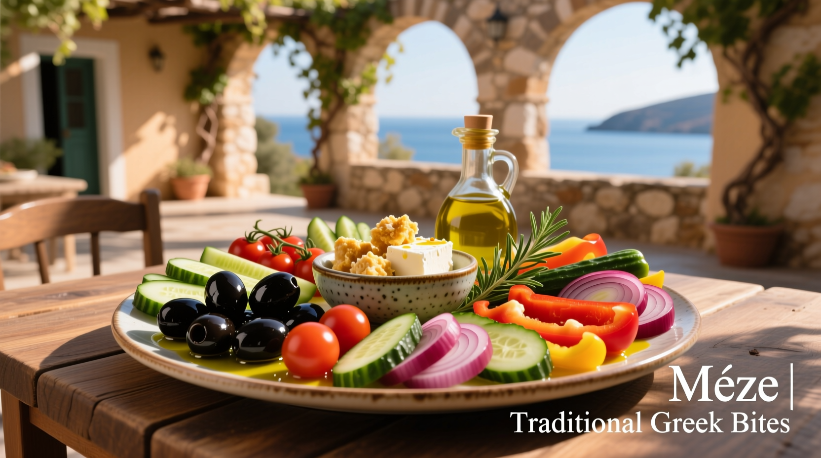 Traditional Greek meze platter with olives, feta, and vegetables