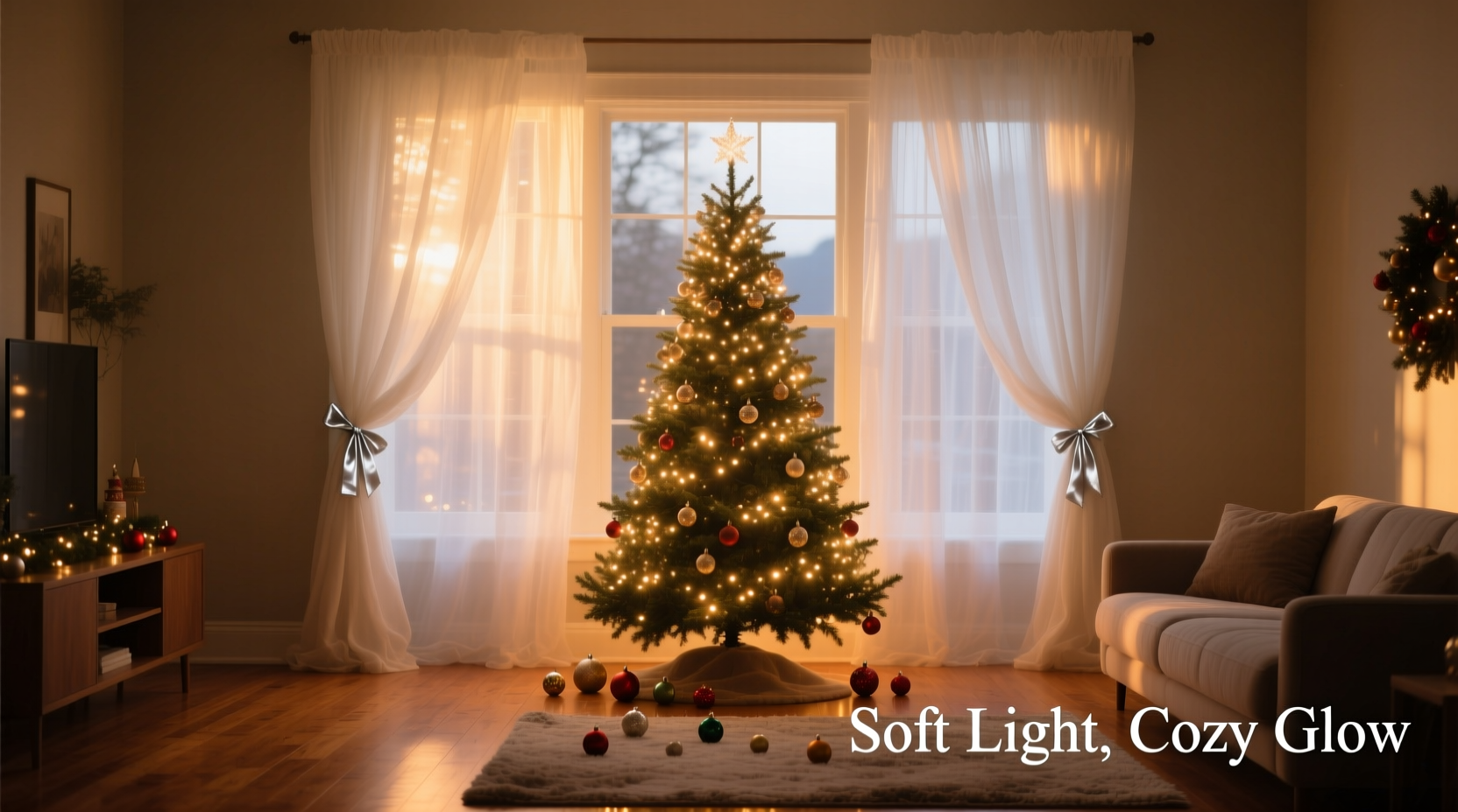 how to use sheer curtains to diffuse christmas tree light glow softly